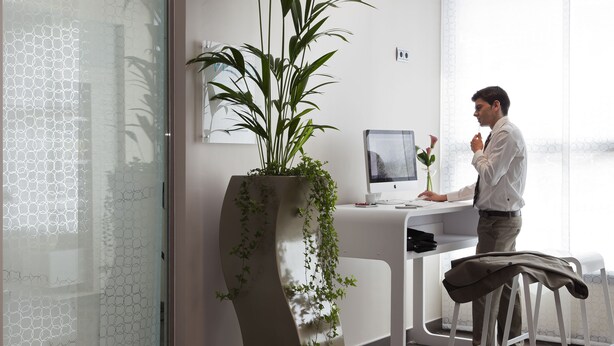 A modern office with a desk, computer, and a potted plant. - Novotel Suites Malaga Centro (Málaga)