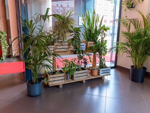 Un vestíbulo con un soporte de madera para plantas macetas con diferentes especies.
