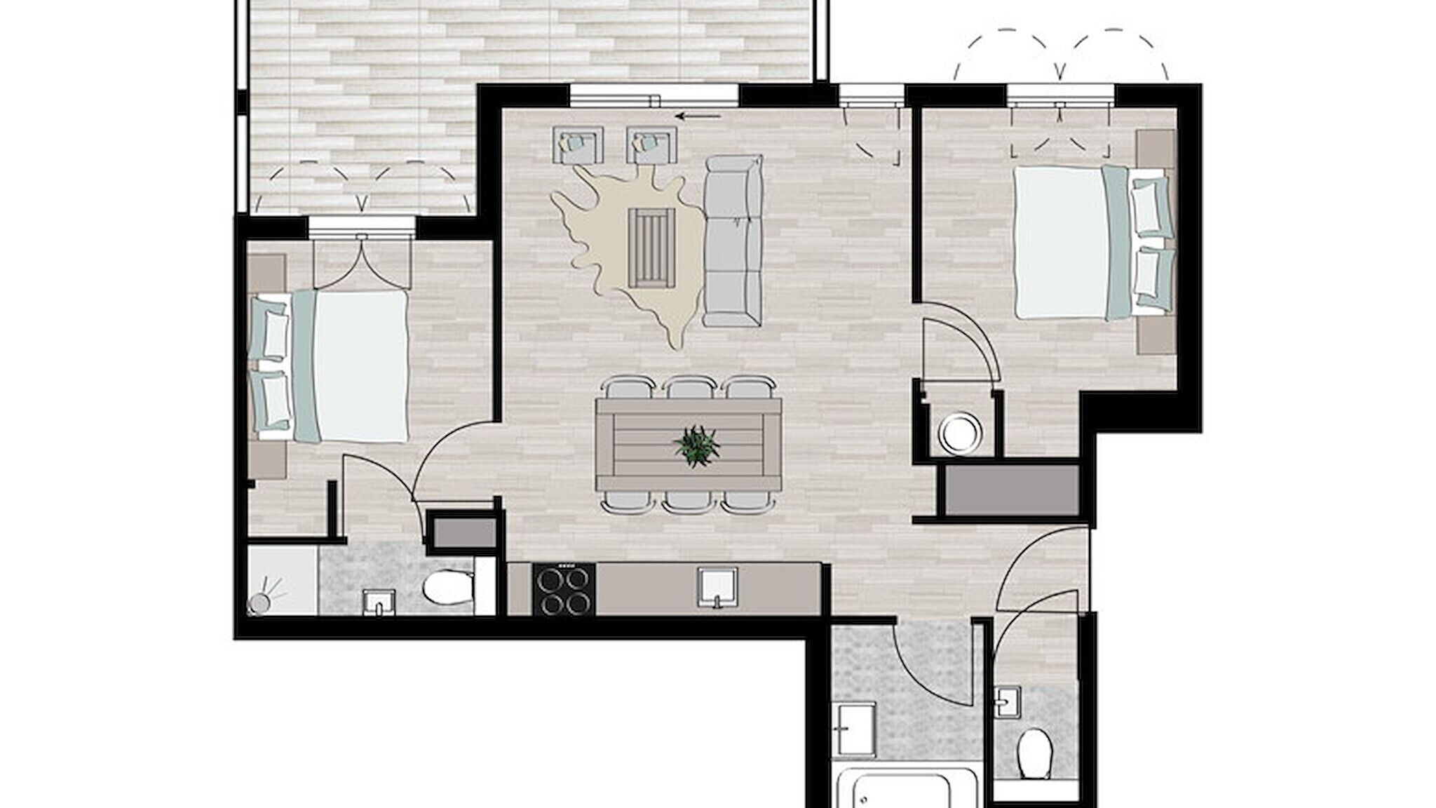 A floor plan of a hotel room with a living area, a dining table, a kitchen, a bathroom, and a small balcony.