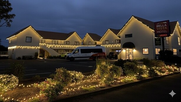 A motel with multiple buildings, a parking lot, and a van in front.