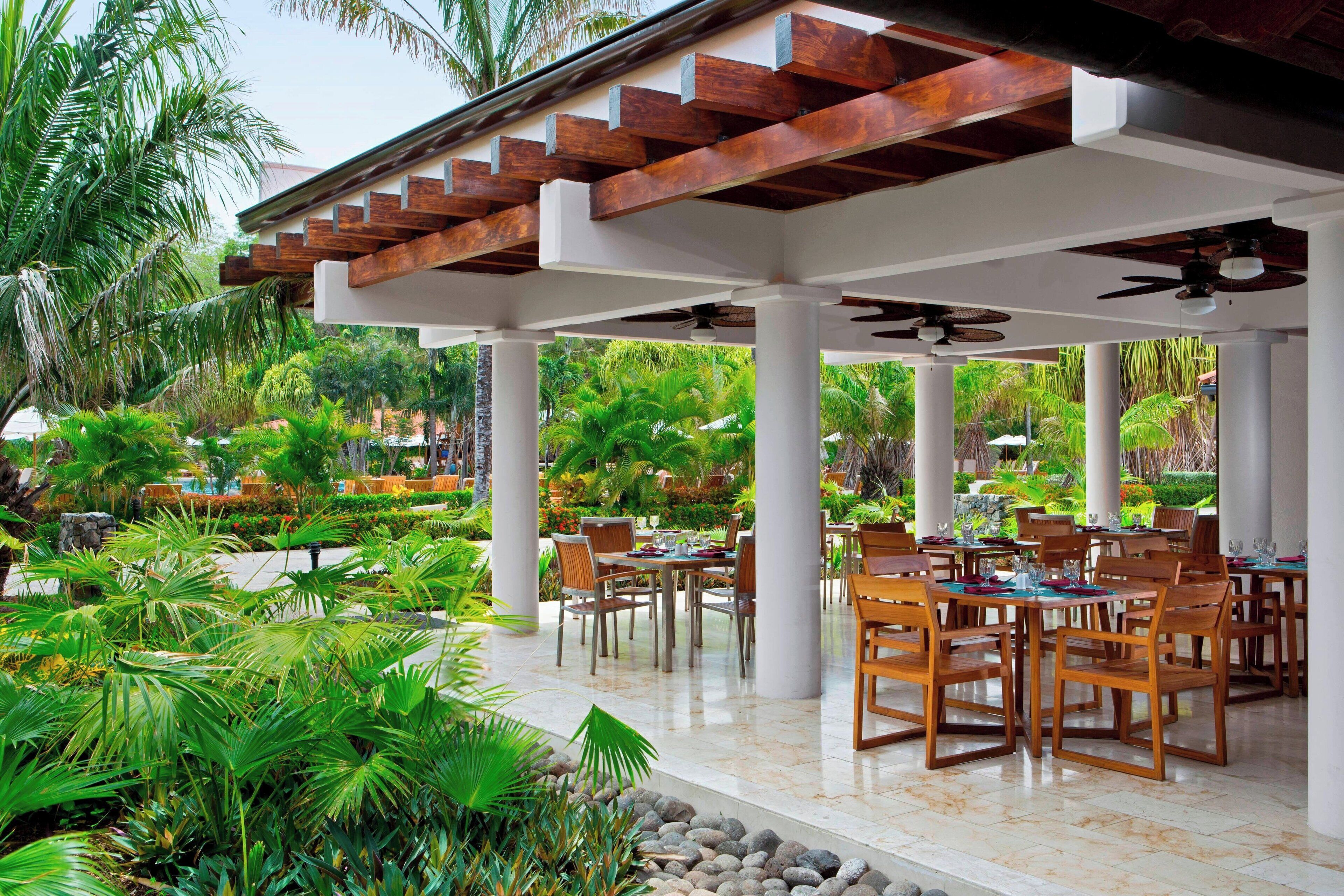 Un espacio de comedor al aire libre con mesas y sillas de madera, rodeado de exuberante follaje y palmeras.