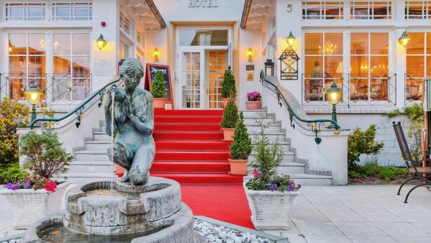 El exterior del Hotel Bspilanaad, con una escalera alfombrada de color rojo que lleva a la entrada, una estatua en primer plano y plantas en macetas alrededor.