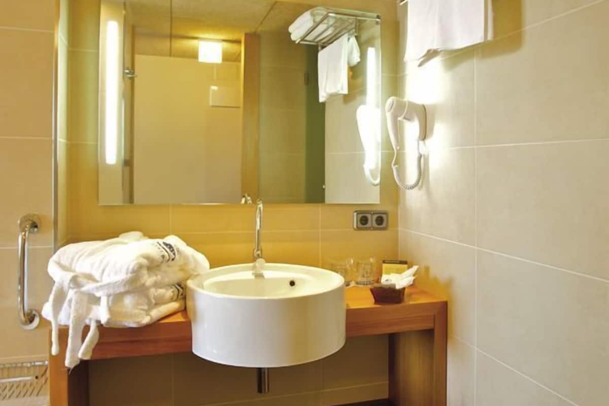 standard double room, jetted tub | bathroom sink