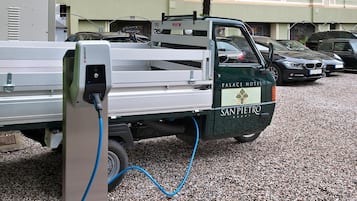 Ein Pritschenwagen, geparkt auf Kies. Das Fahrzeug trägt ein Logo und einen Schriftzug, der einen Bezug zu einem Hotel signalisiert.