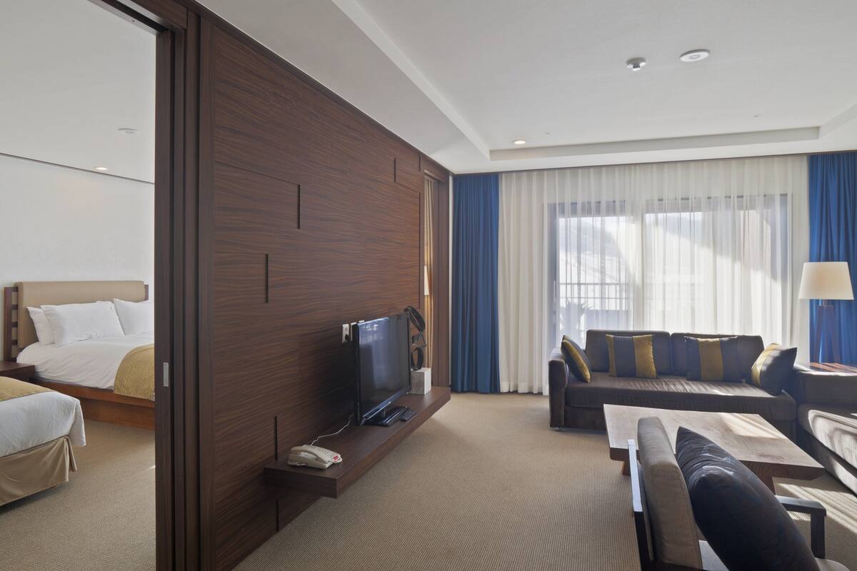 Une chambre d’hôtel avec un lit, une télévision, un canapé et un bureau.