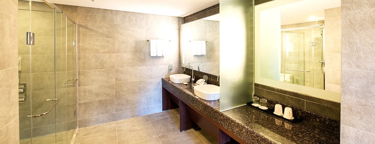 A modern bathroom with a glass shower enclosure, two sinks, and a large mirror.