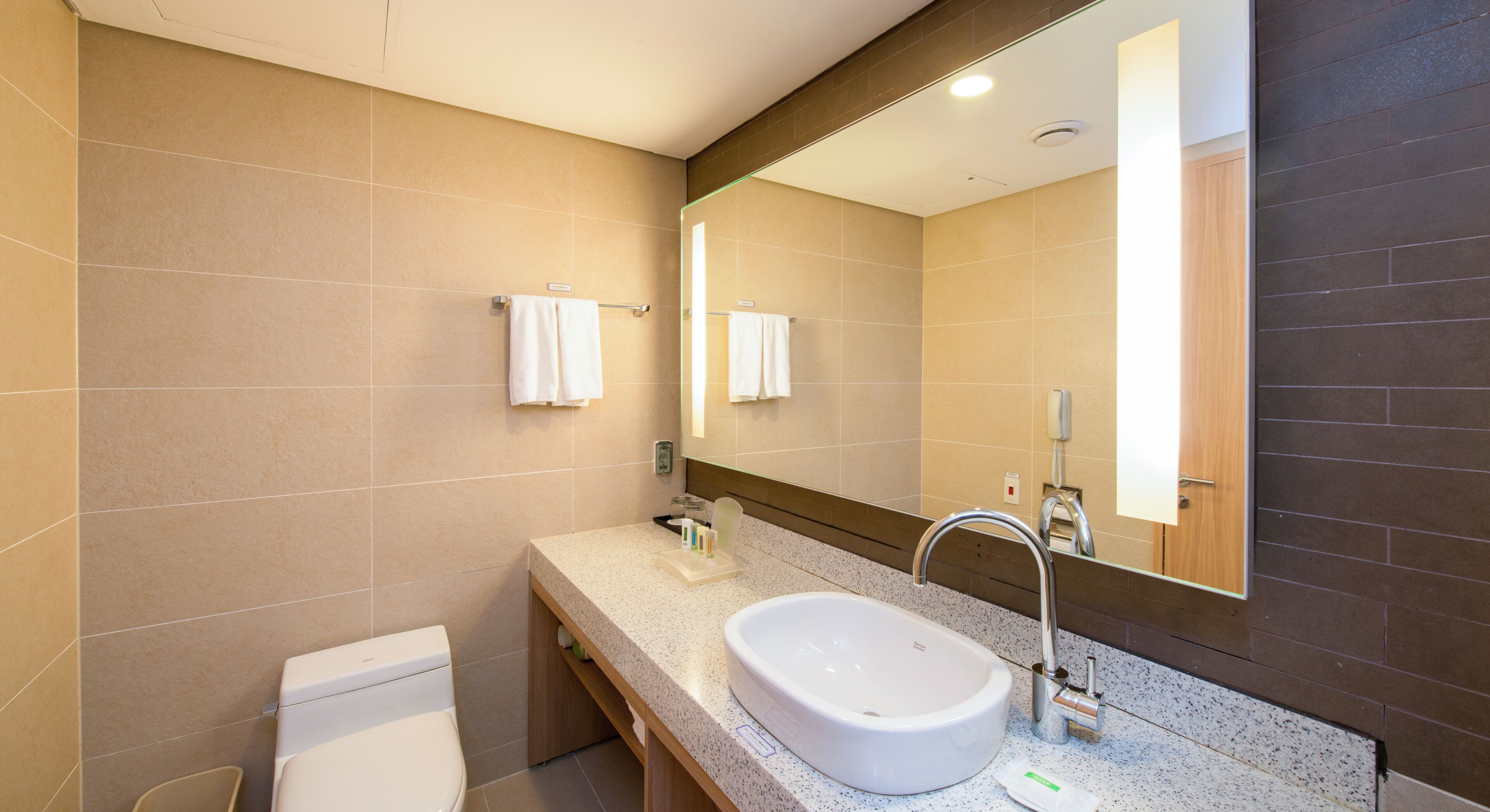 A modern bathroom with a white sink, a large mirror, and a toilet.