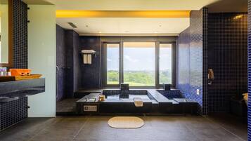 Separate tub and shower, spring water tub, free toiletries, hair dryer