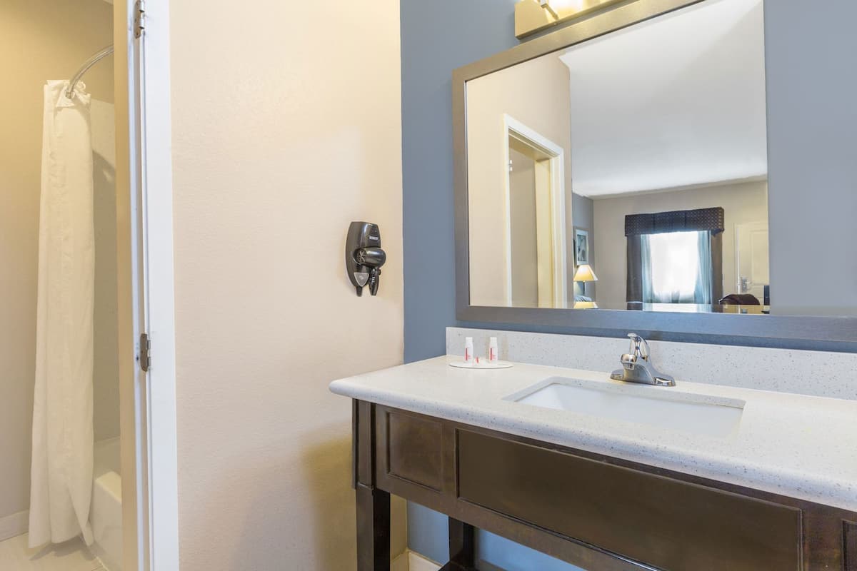 A bathroom with a white sink, dark wooden vanity, a large mirror, and a shower curtain.