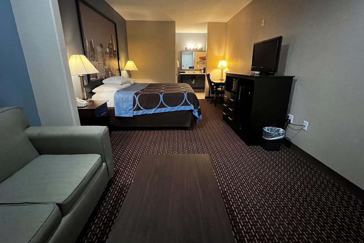 A hotel room with a bed, a desk, a television, and a sofa.