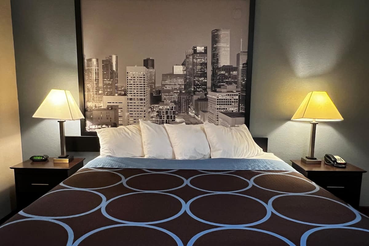 A hotel room with a bed, two bedside lamps, a nightstand with a phone, and a cityscape view.