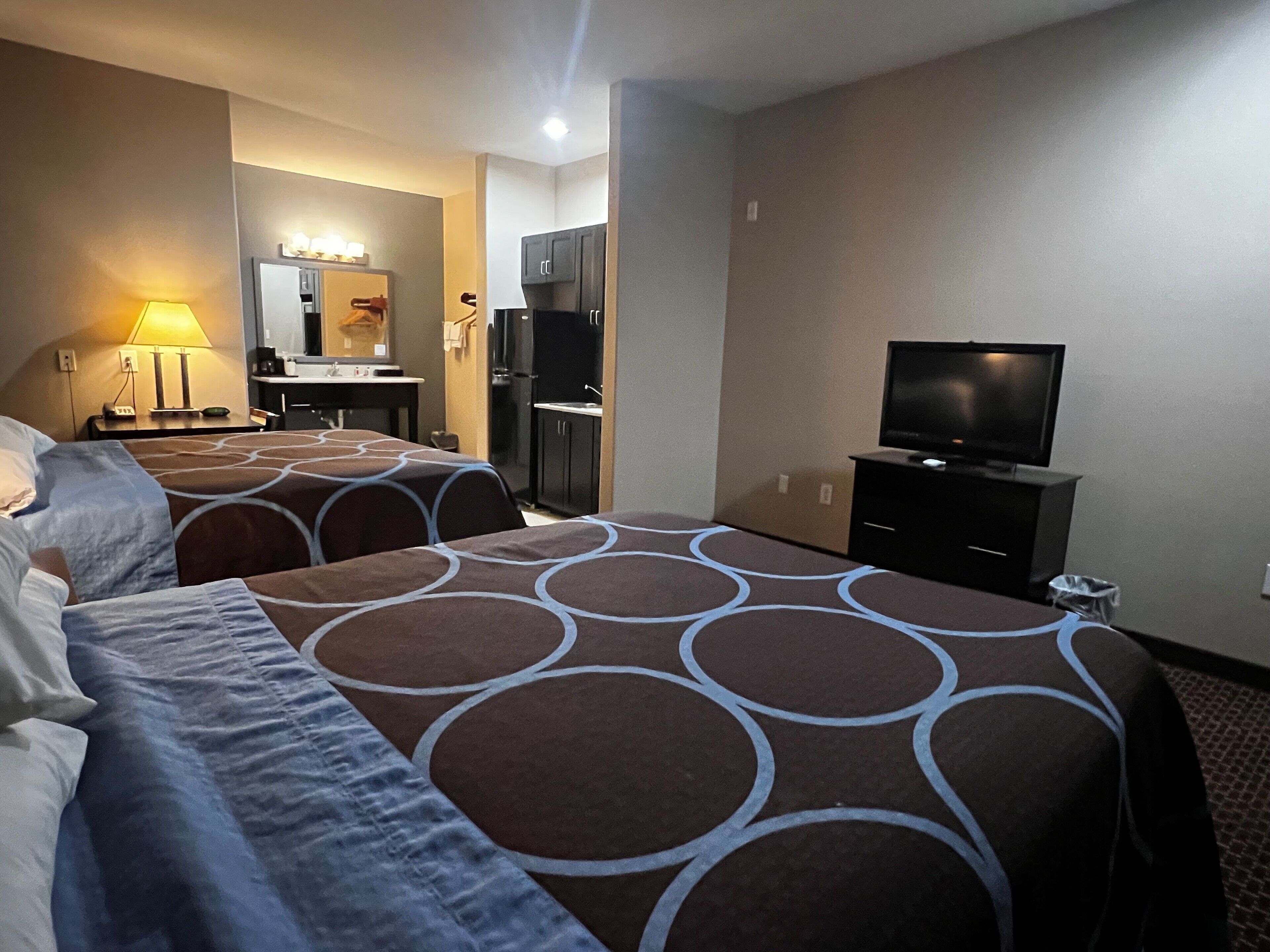 Room, 2 Queen Beds, Kitchen | In-room safe, desk, soundproofing, free WiFi
