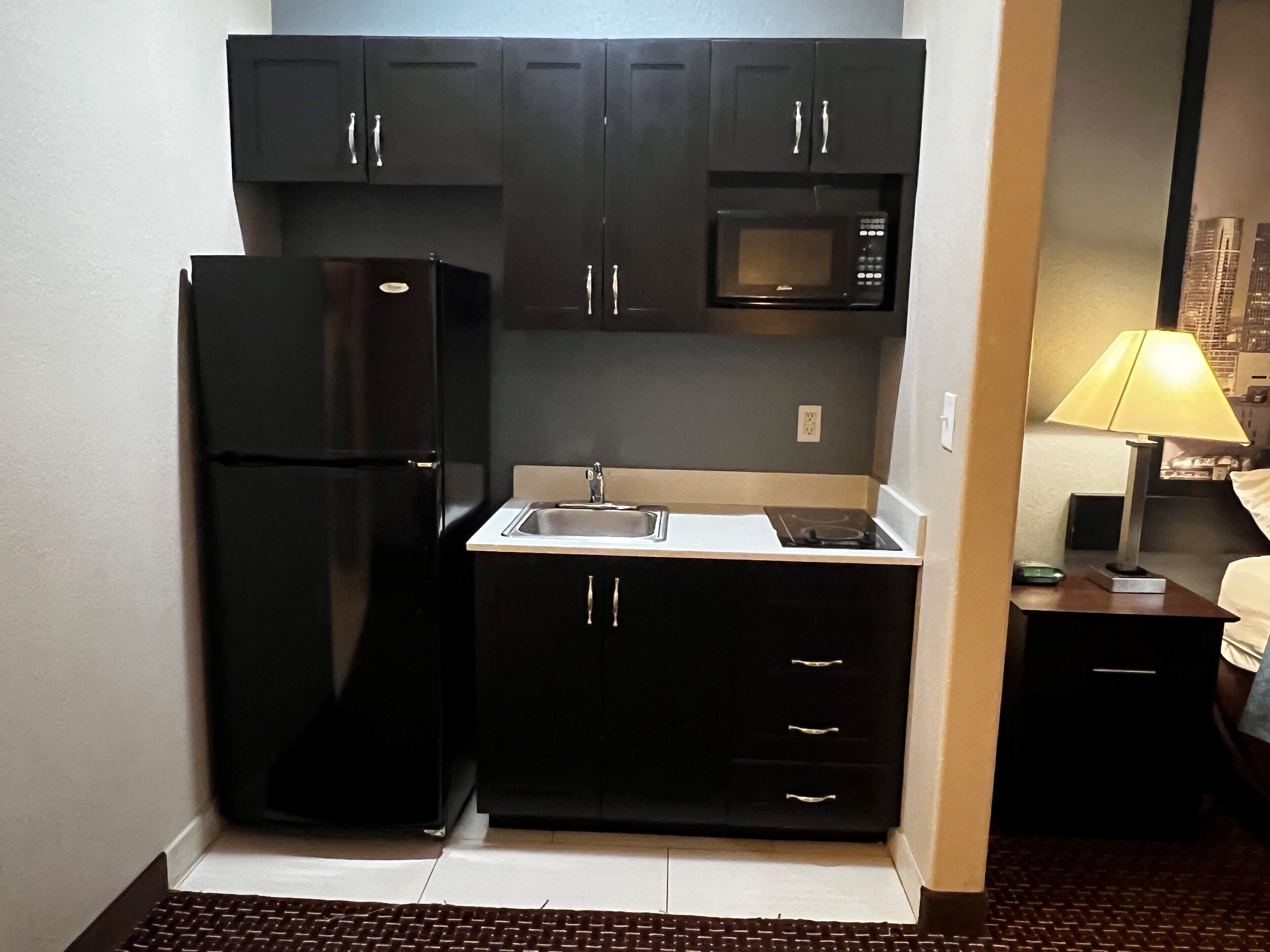 A compact kitchenette with a black refrigerator, a microwave, and a sink.