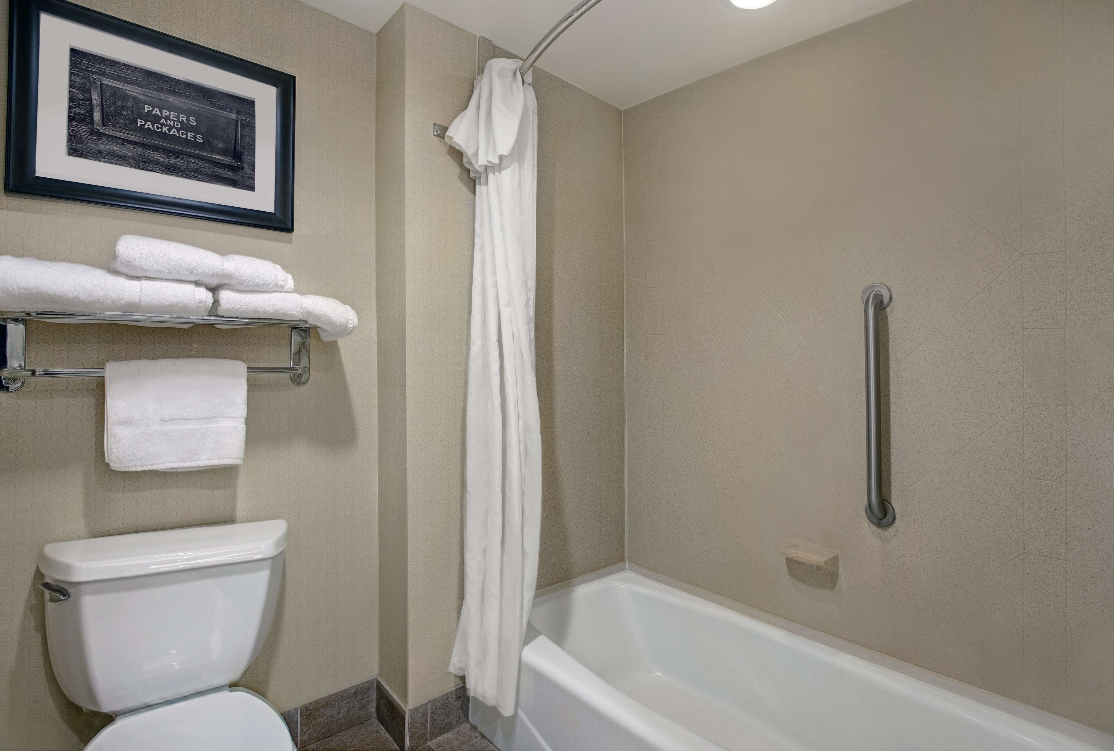 Une salle de bain avec des toilettes, une baignoire et un rideau de douche. On y trouve des serviettes sur un porte-serviettes et un panneau encadré accroché au mur.