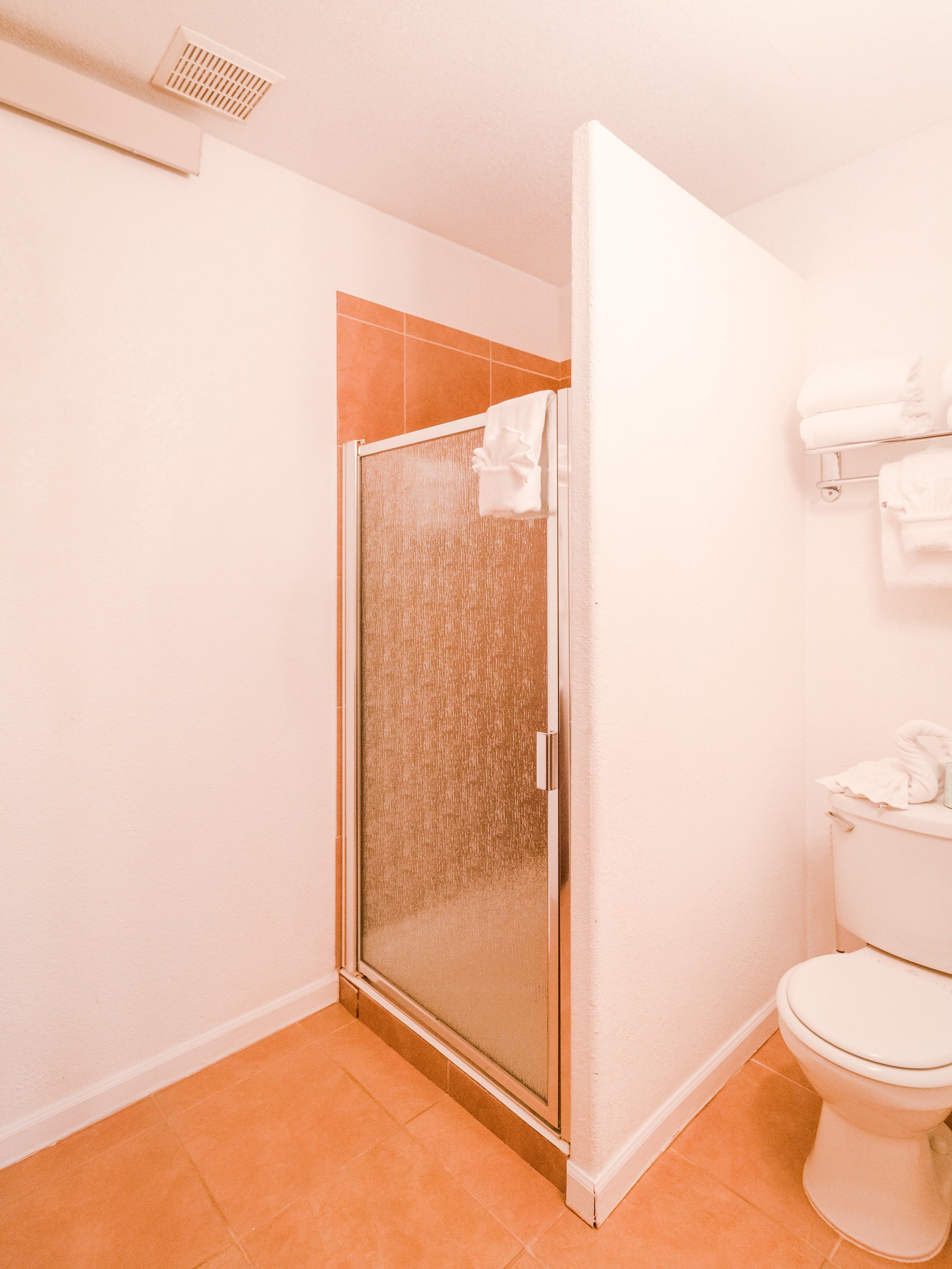 Un baño con mampara de vidrio, inodoro y perchero para toallas.
