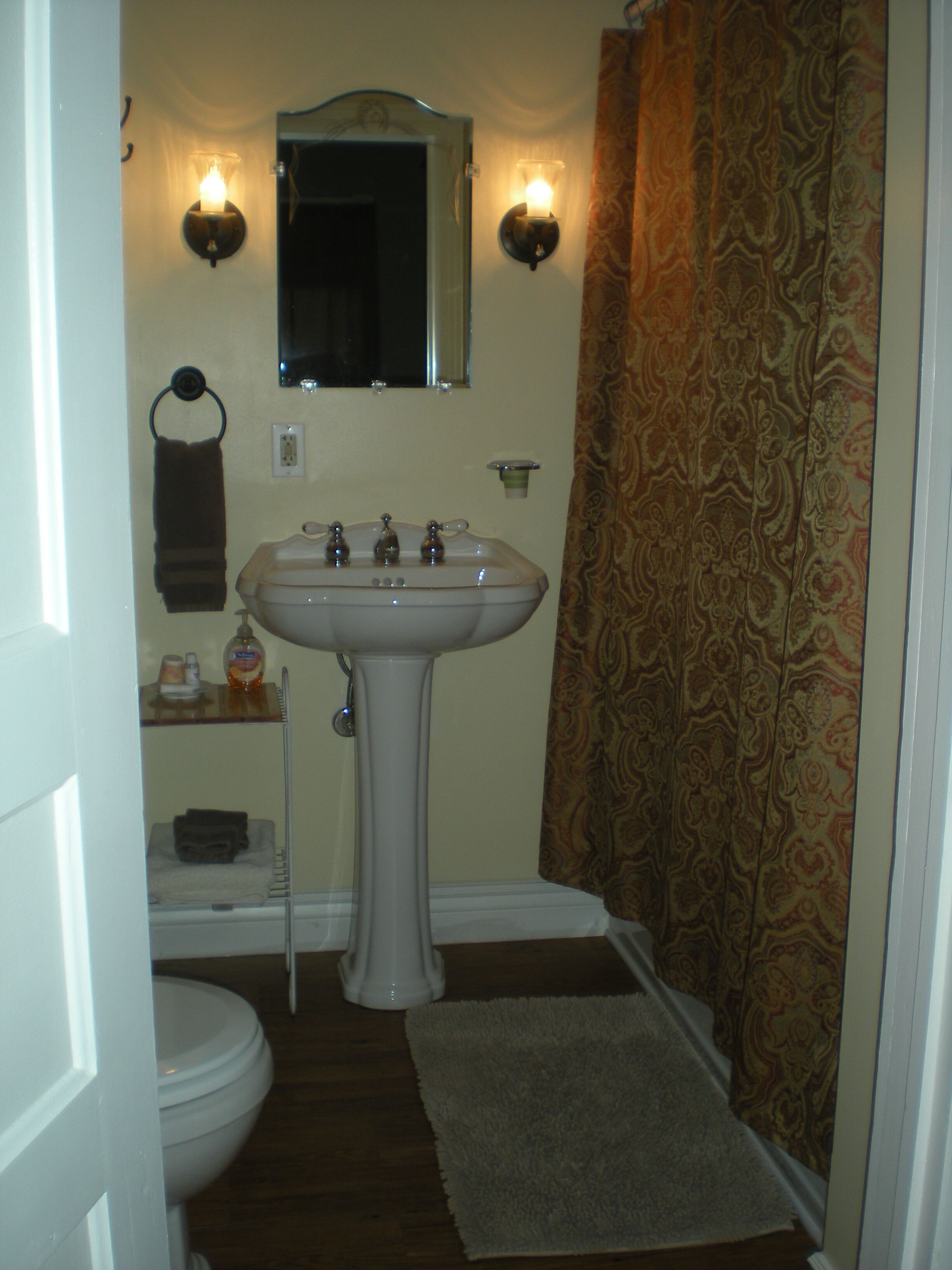 A bathroom with a pedestal sink, a mirror above it, and a toilet. There is a towel rack with a towel hanging on it, and a patterned shower curtain.