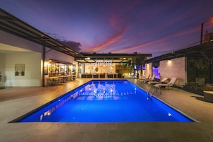 Outdoor pool, open 8:00 AM to 8:00 PM, sun loungers