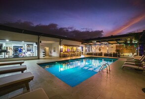 Outdoor pool, open 8:00 AM to 8:00 PM, sun loungers