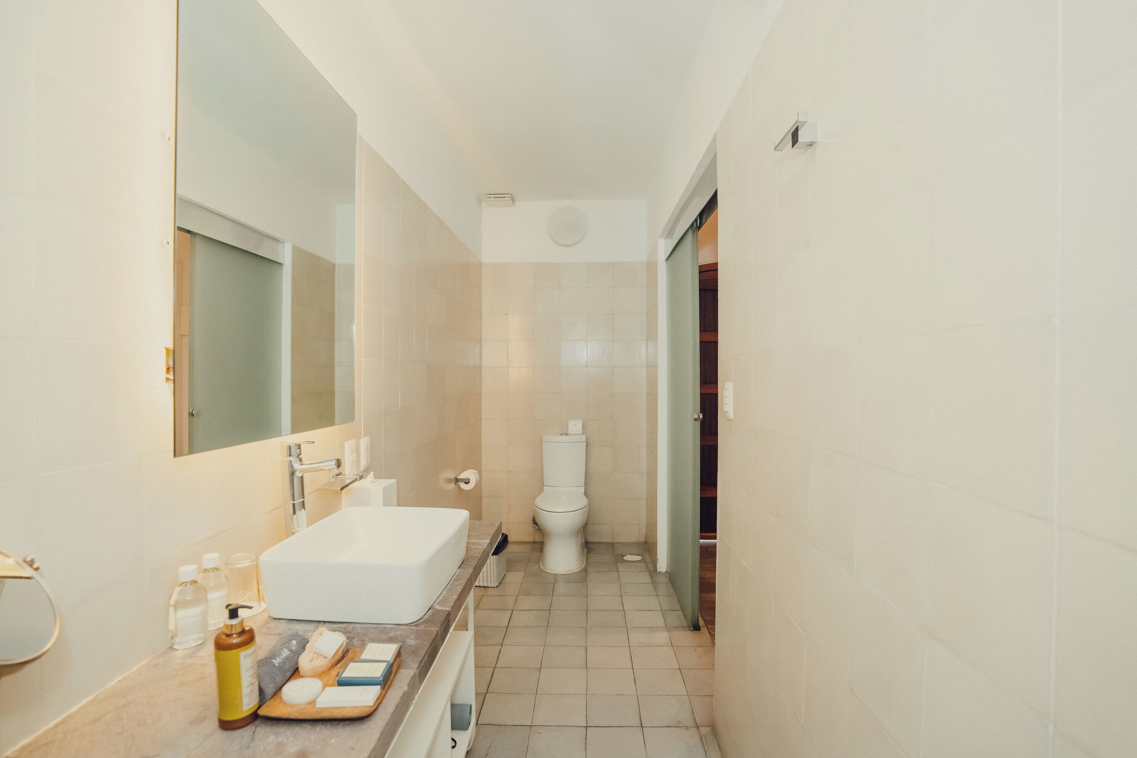 A modern bathroom with a large bathtub, a toilet, and a mirror.
