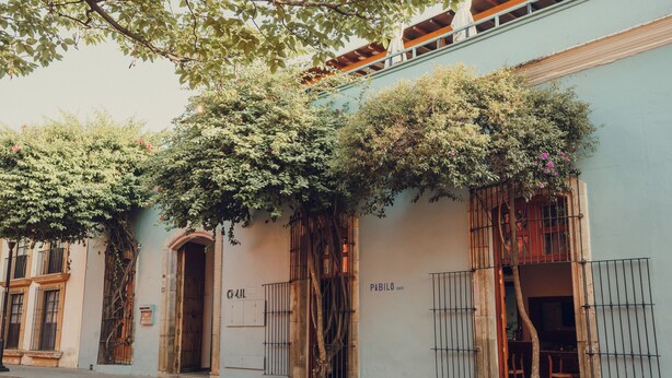 A building with a light blue facade, a visible entrance, and a sign reading "PABILO cafe".