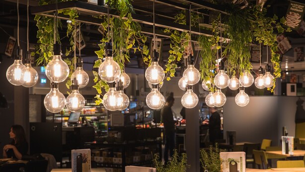 A restaurant with hanging light bulbs and greenery. Tables and chairs are arranged for dining. - Hotel Meerkerk (Meerkerk)