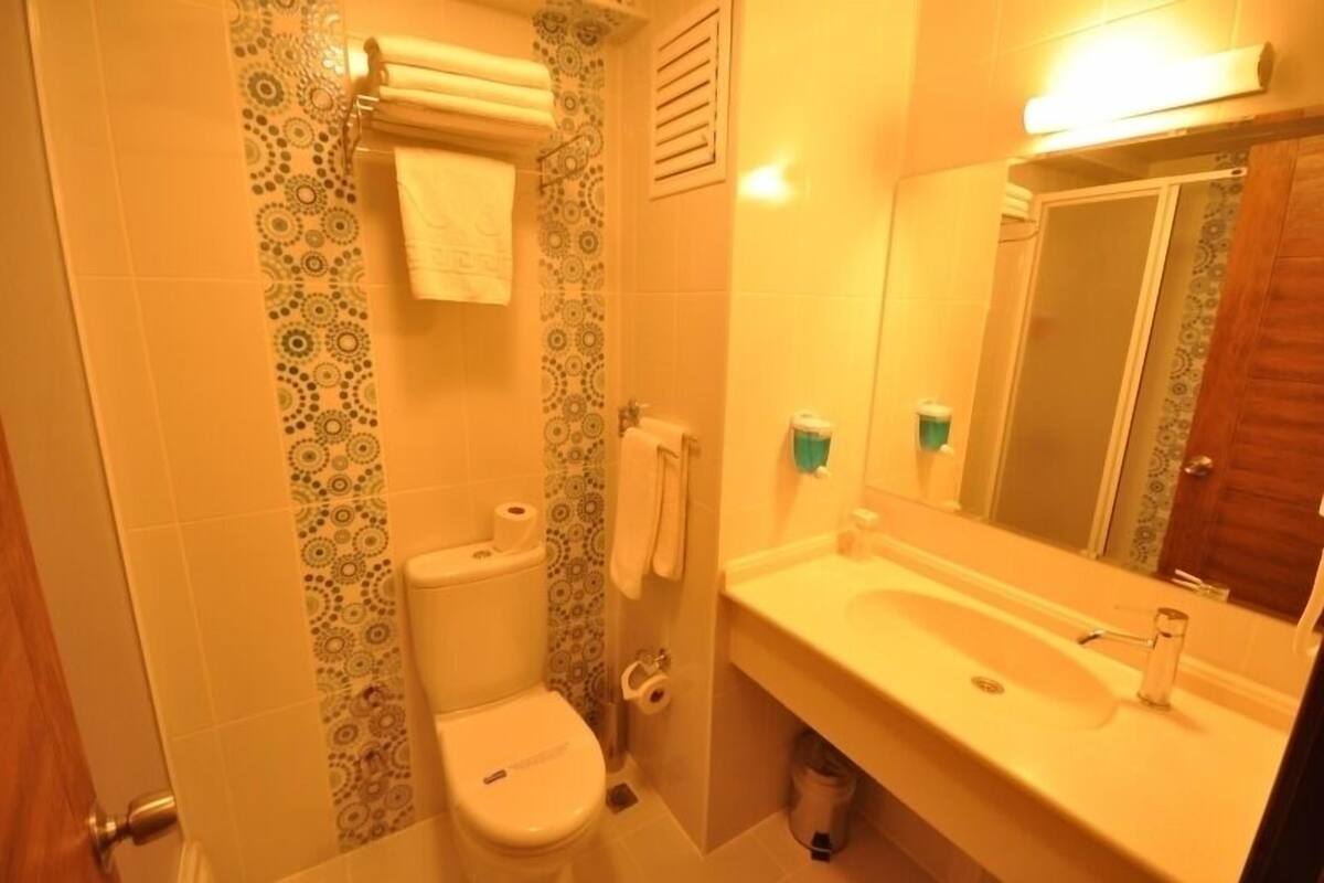 A bathroom with a toilet, sink, and mirror.