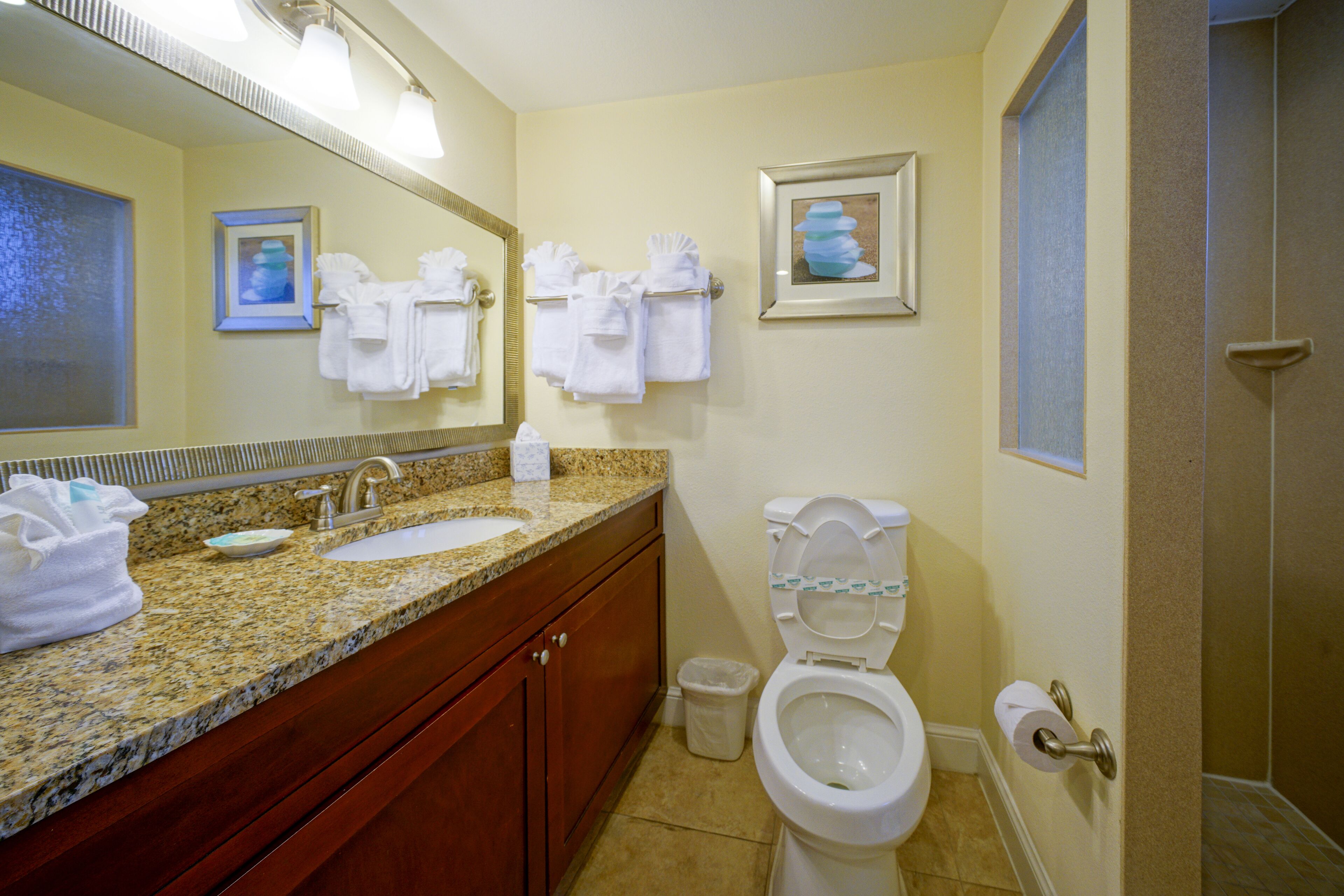 Une salle de bain d’hôtel avec un comptoir en granit, un lavabo, des toilettes et un miroir.