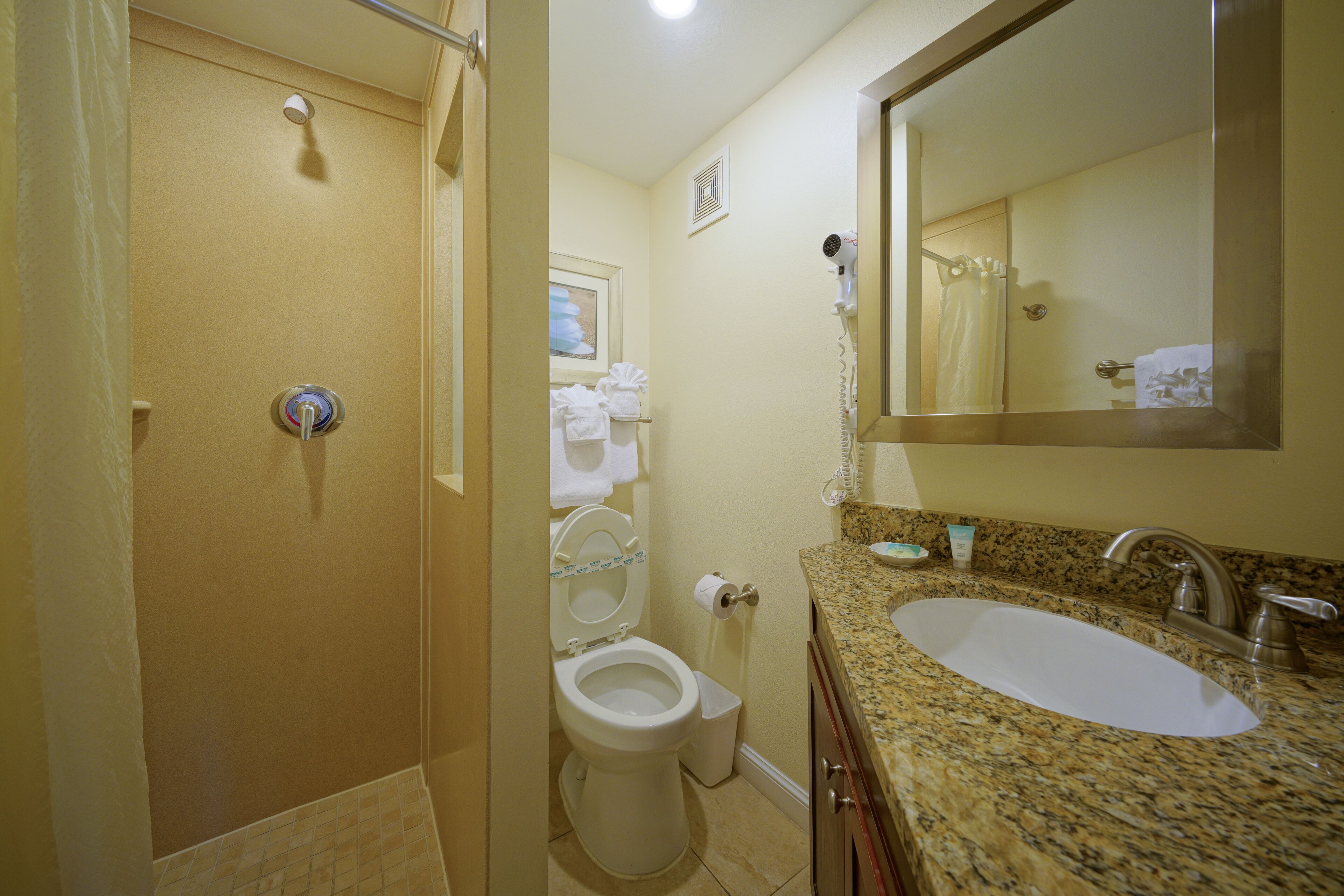Une salle de bain équipée d’une douche, de toilettes, d’un lavabo et d’un miroir.
