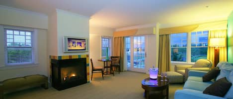 Premium Suite, 1 Queen Bed, Balcony (Fireplace) | Living area | Flat-screen TV, iPod dock