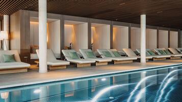 2 indoor pools, outdoor pool, open 7 AM to 8 PM, pool loungers
