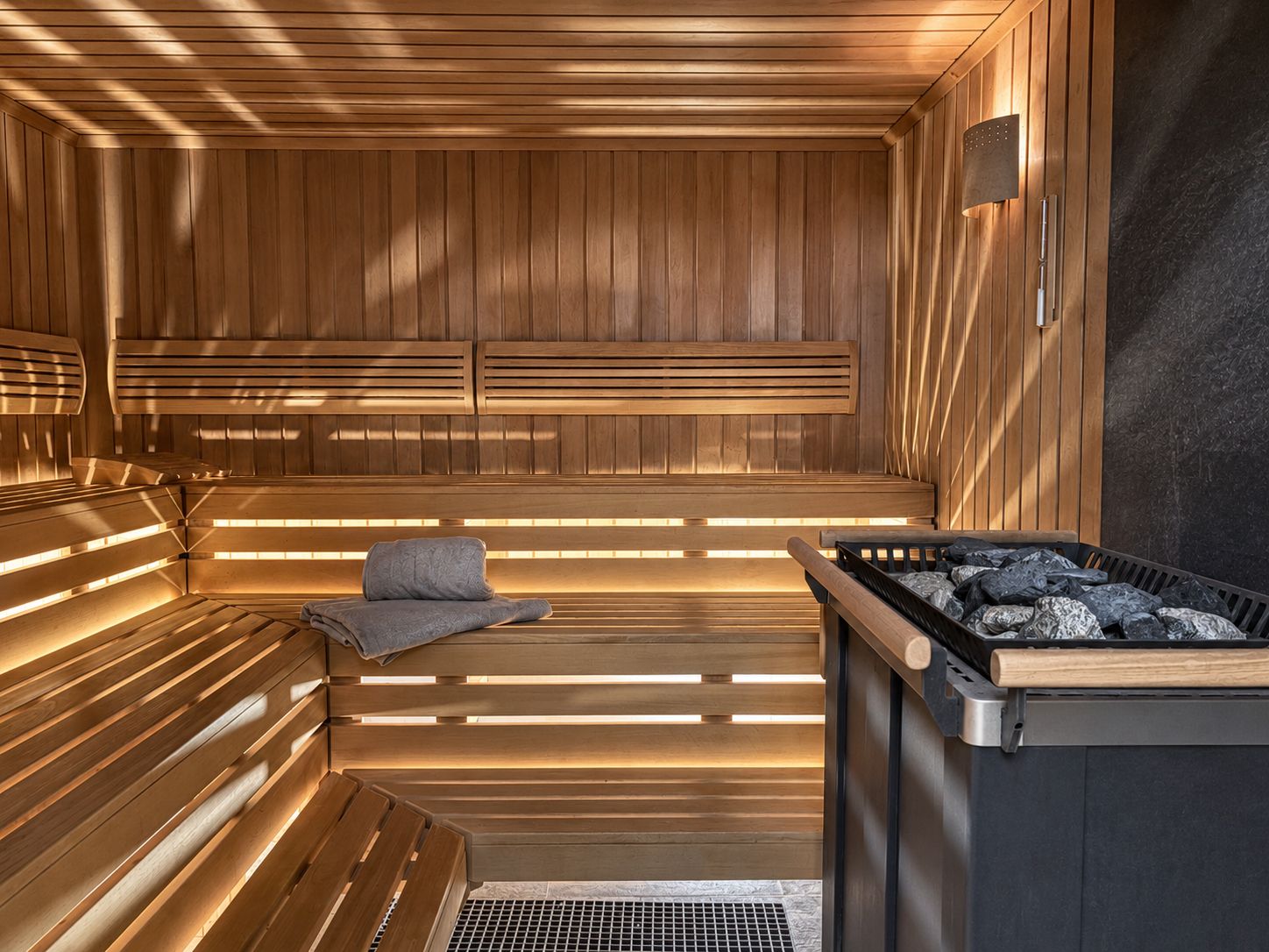 A sauna room with wooden benches and a stone floor.