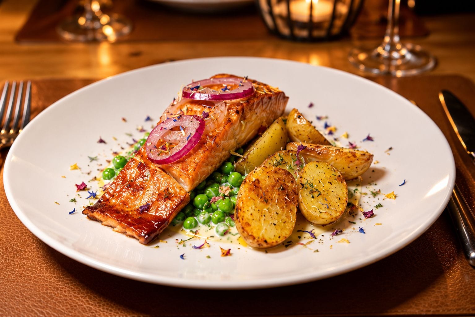 Un plato con salmón, patatas asadas y guisantes.