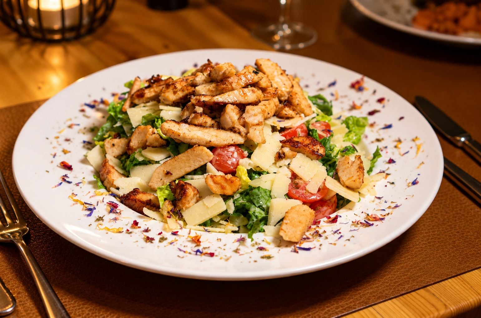 A plate of food with grilled chicken, cheese, and vegetables on a white plate with colorful specks.