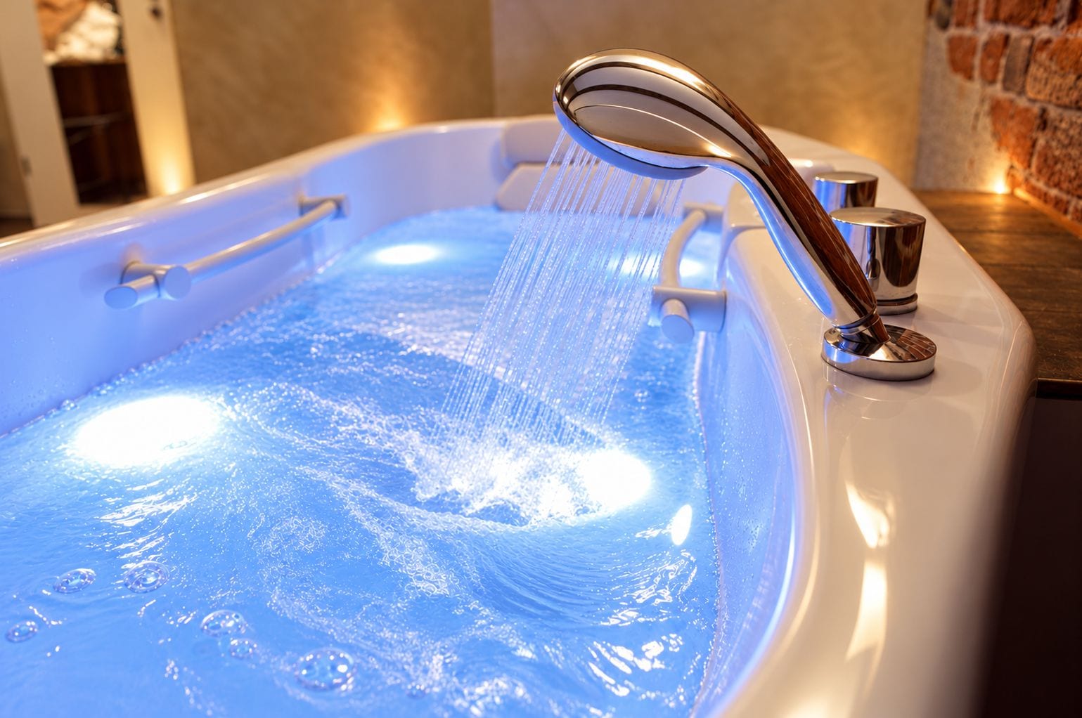 A hot tub with a chrome faucet and a light blue interior.