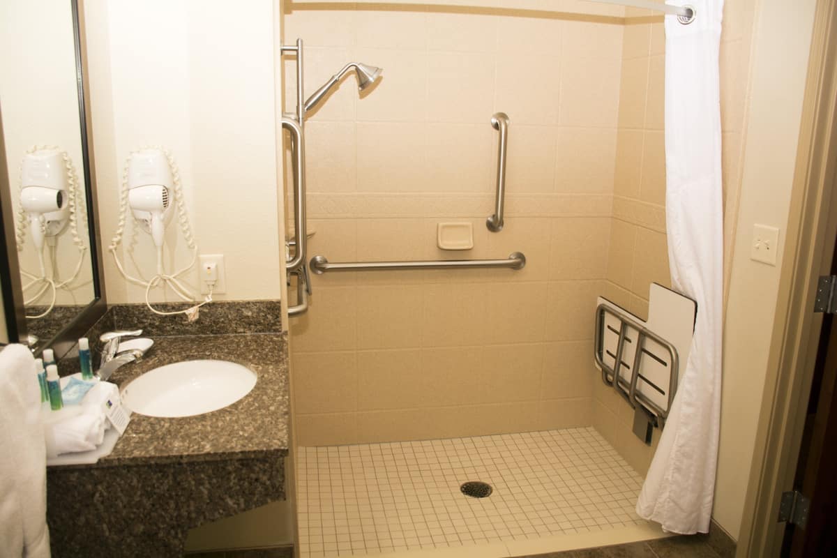 combined shower/bathtub, free toiletries, hair dryer, towels