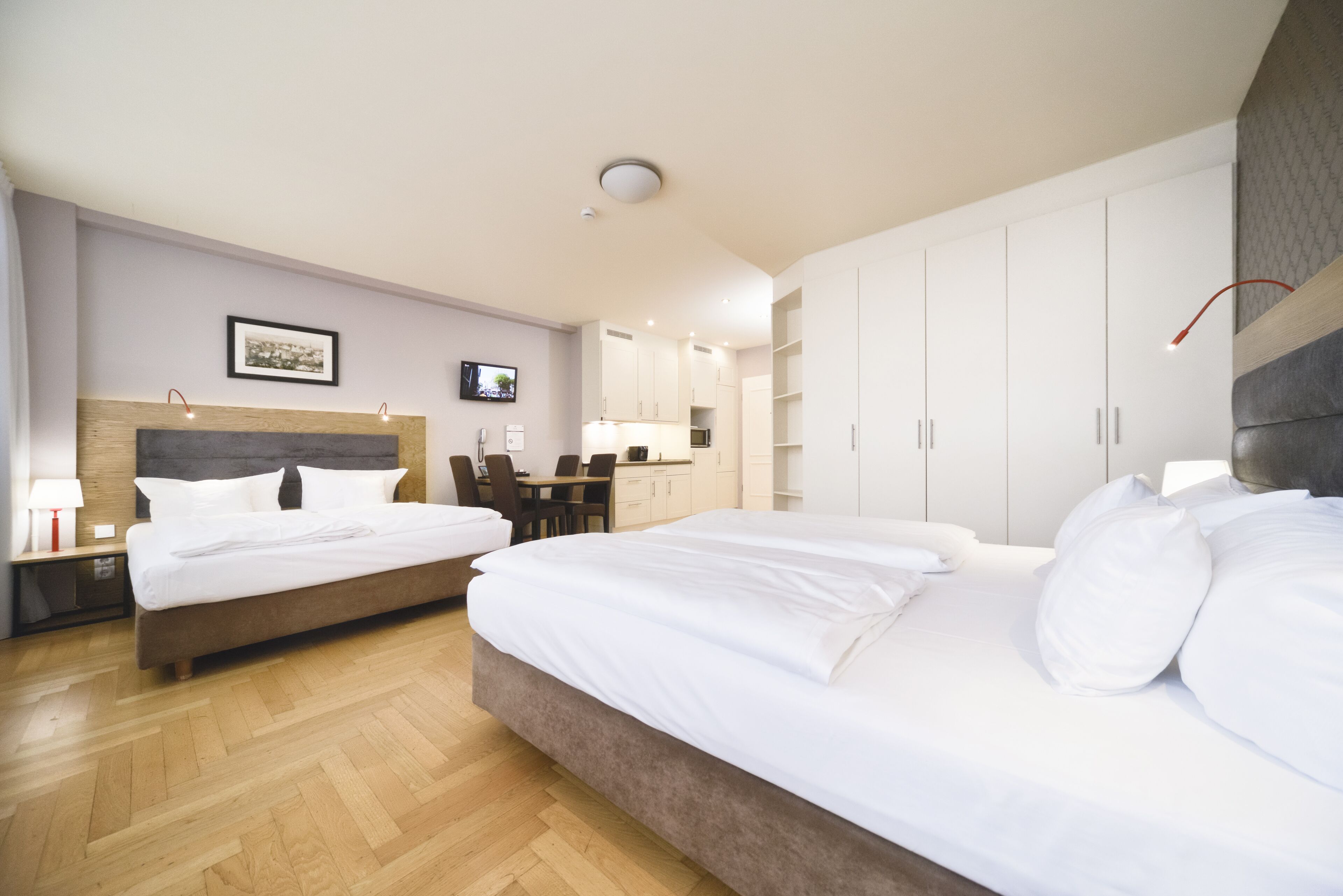 Comfort Studio, Kitchen (with 2 double beds, Online Check-In) | In-room safe, blackout drapes, iron/ironing board, free WiFi