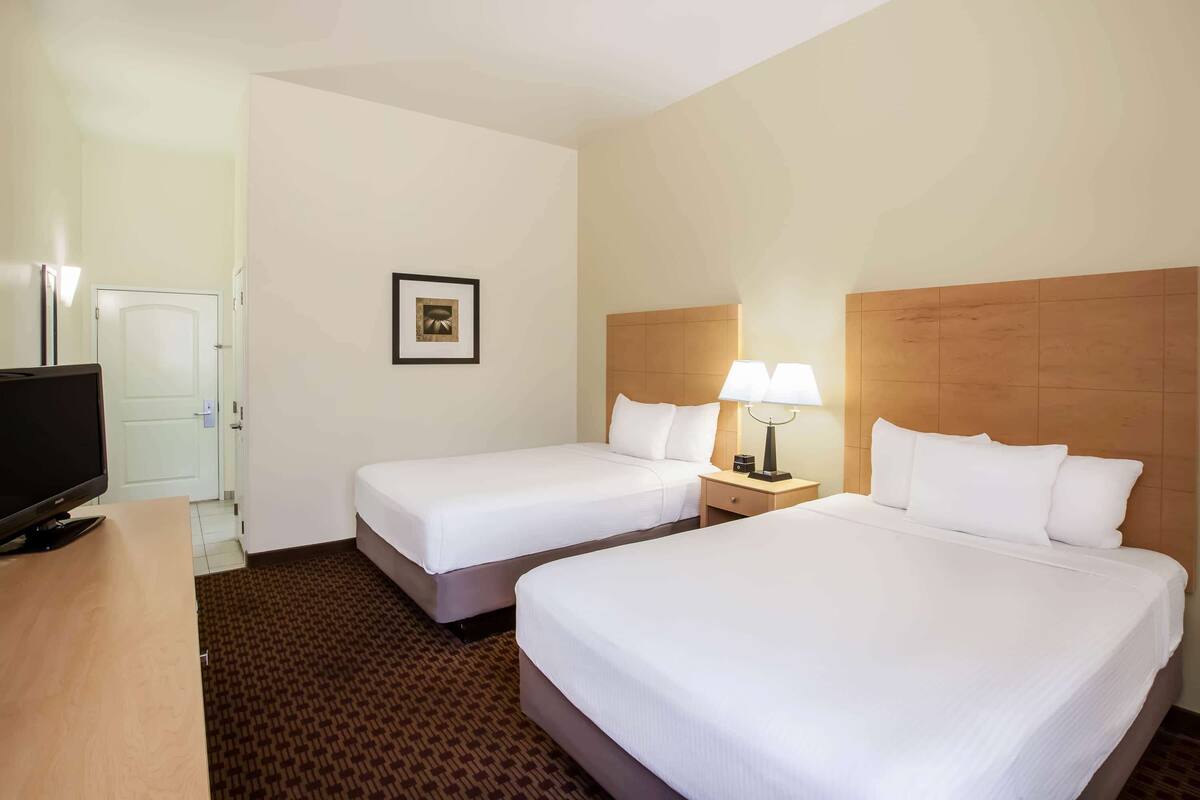 Een hotelkamer met twee bedden, een televisie, een ingelijst schilderij aan de muur en een lampje op het nachtkastje.