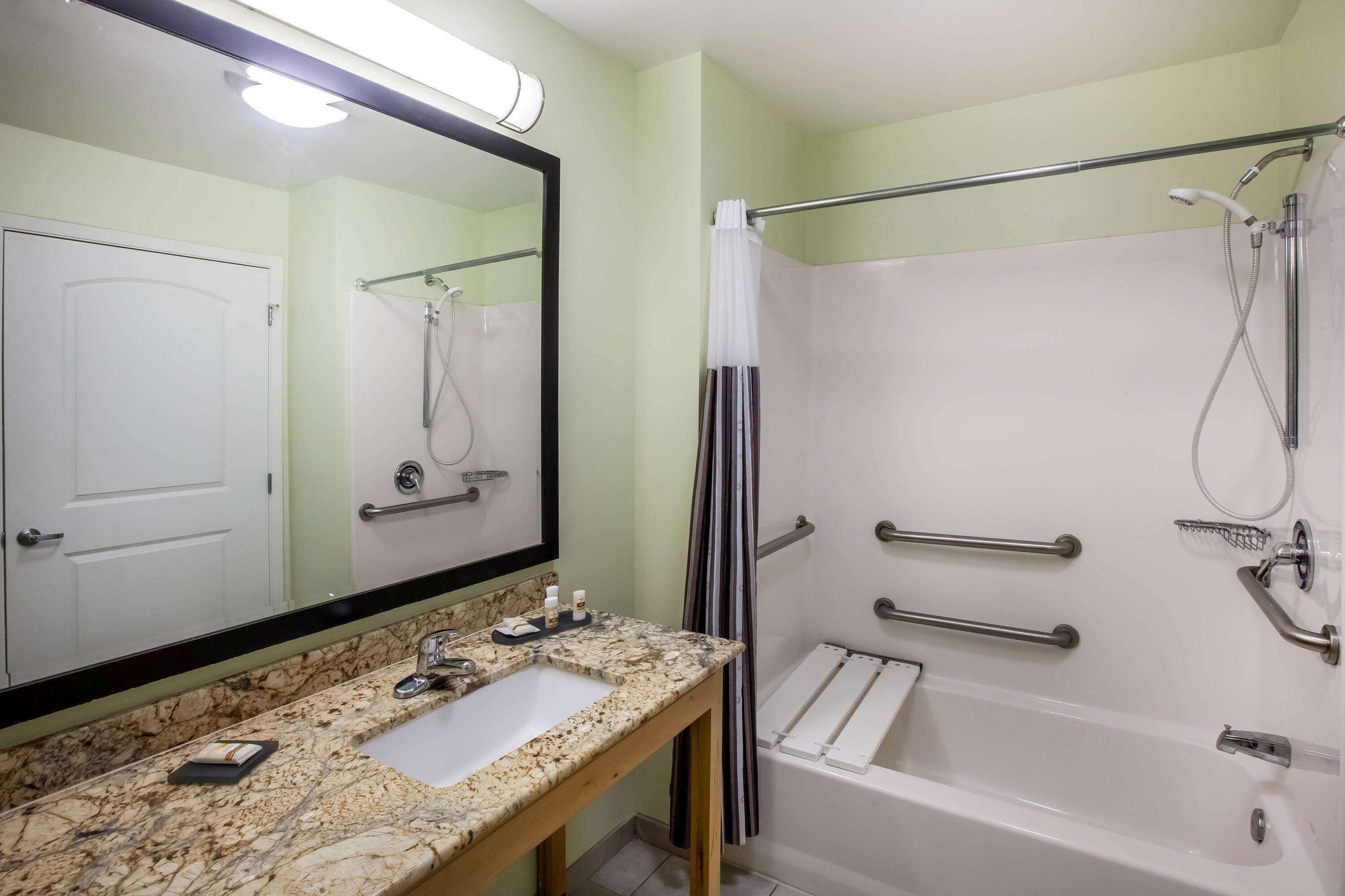 combined shower/bathtub, free toiletries, hair dryer, towels