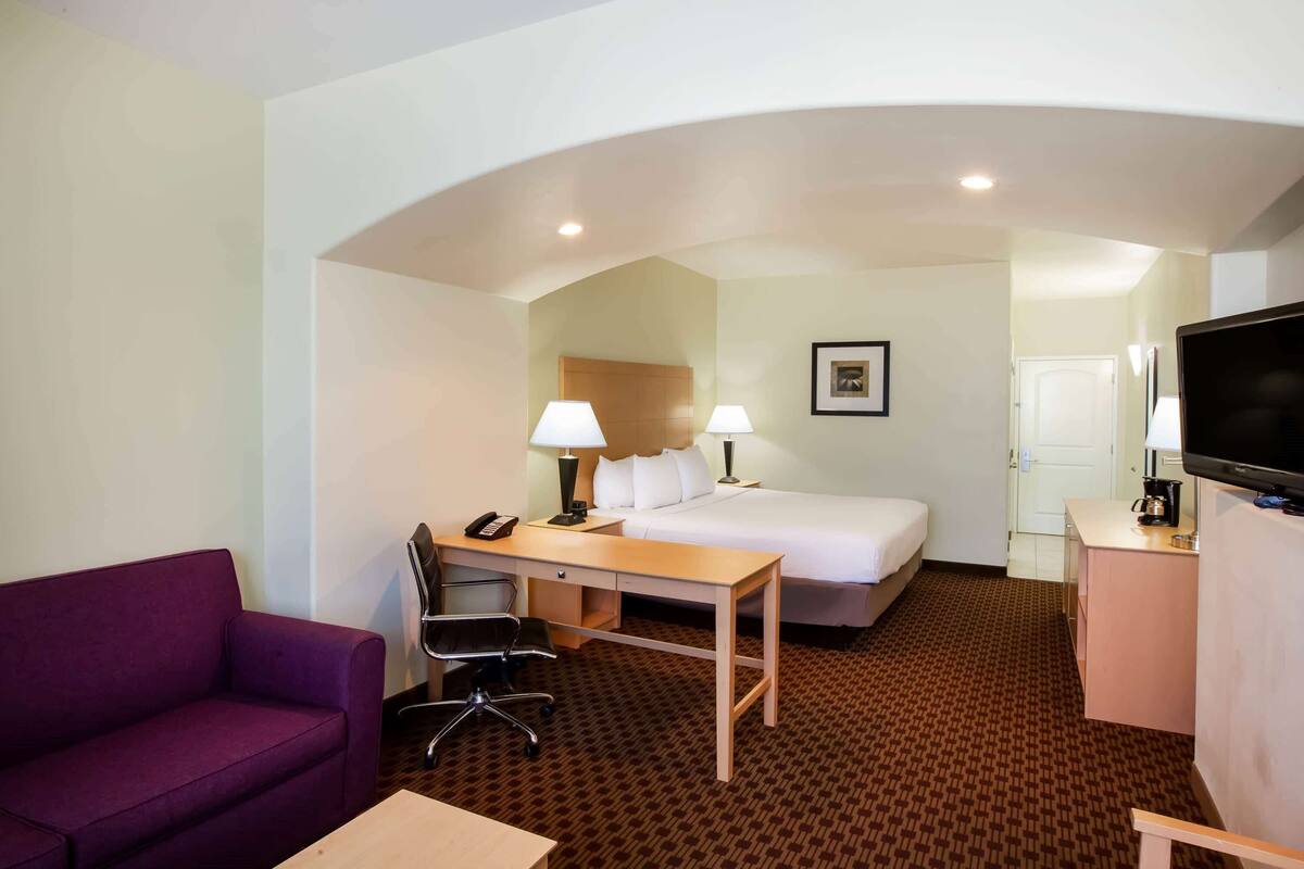 Een hotelkamer met een bed, bureau, paarse bank en een televisie.