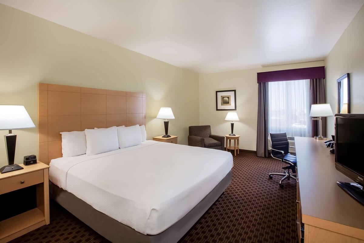 Een hotelkamer met een groot bed, nachtkastjes met lampen, een bureau met een televisie en een stoel.