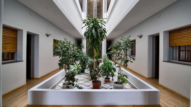 A modern atrium with a central water feature, surrounded by potted plants and wooden shutters on the windows. - Hotel Internacional (Buenos Aires)