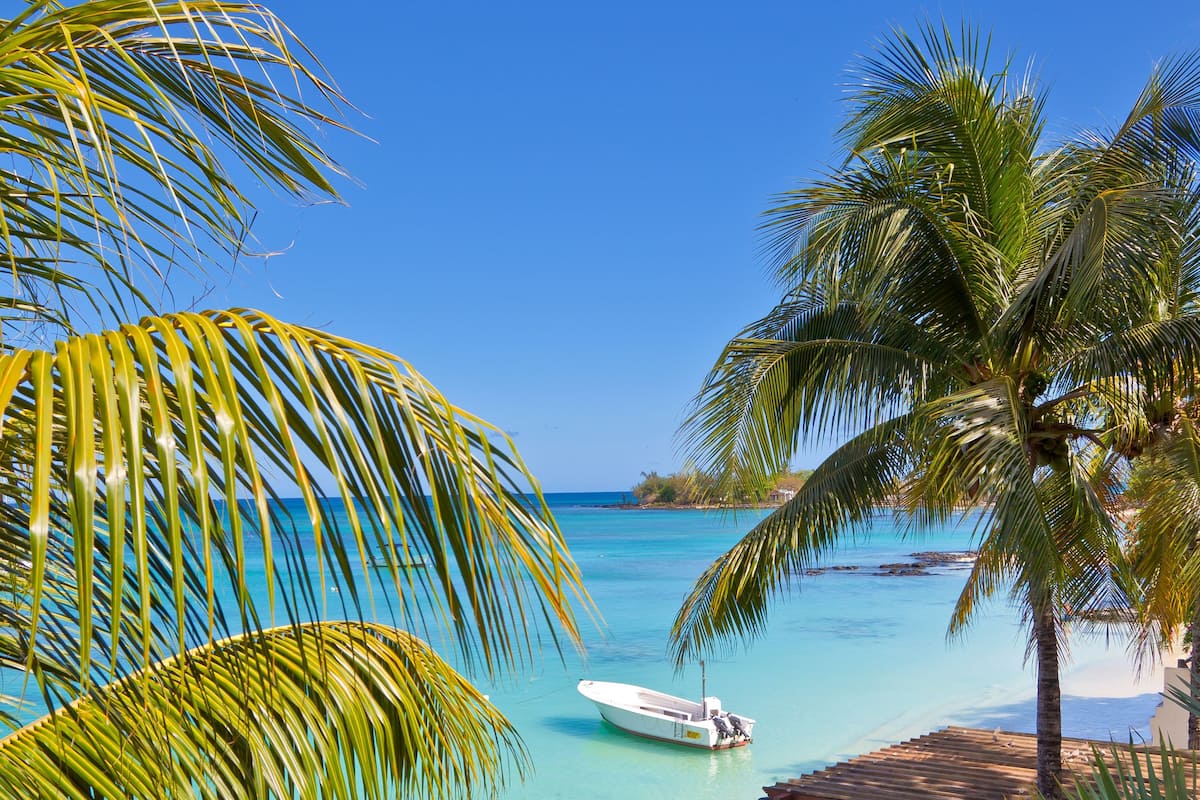 A beachside view with a boat, palm trees, and a beach umbrella.
