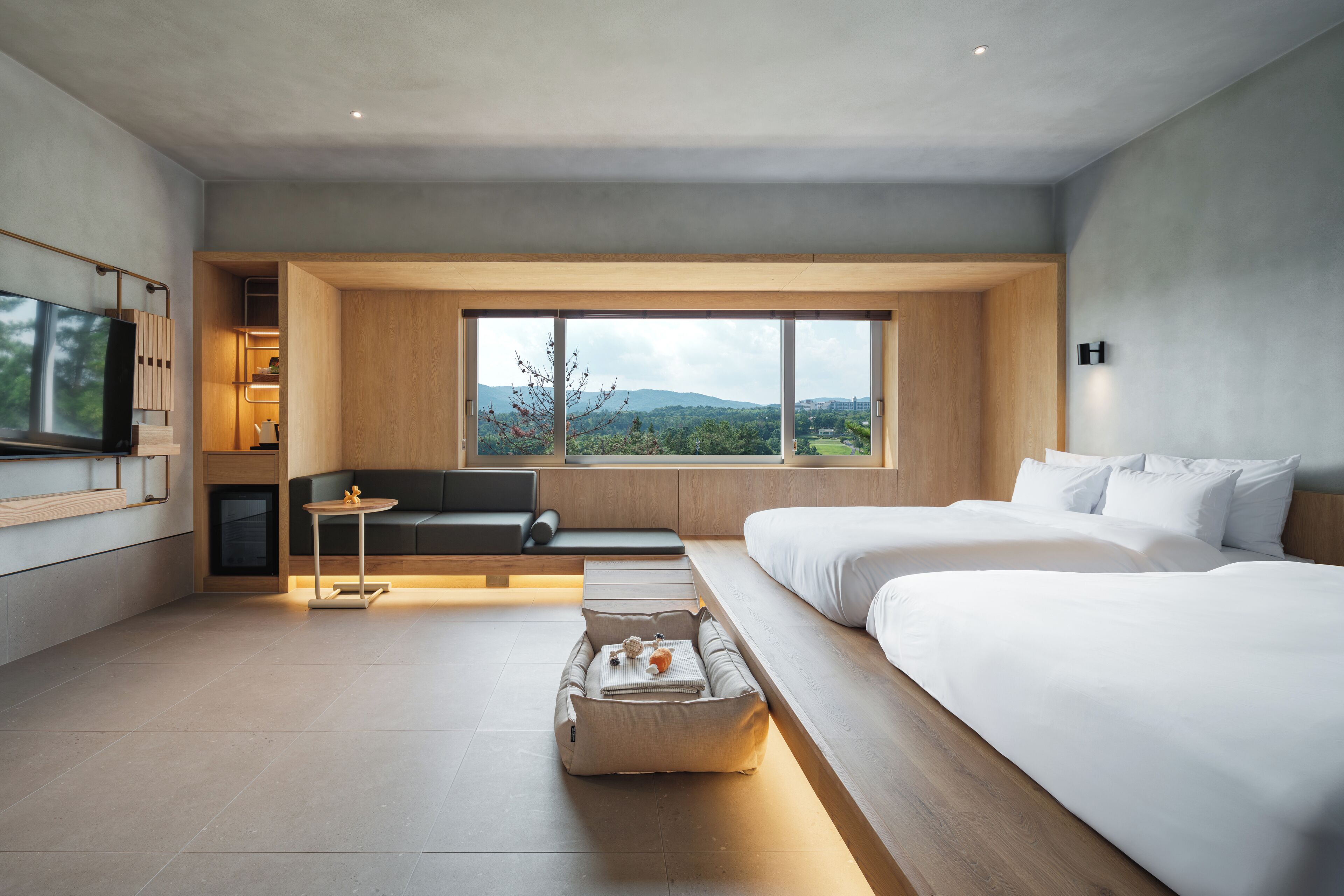 A modern hotel room with a large window, a sofa, a bed, and a TV.