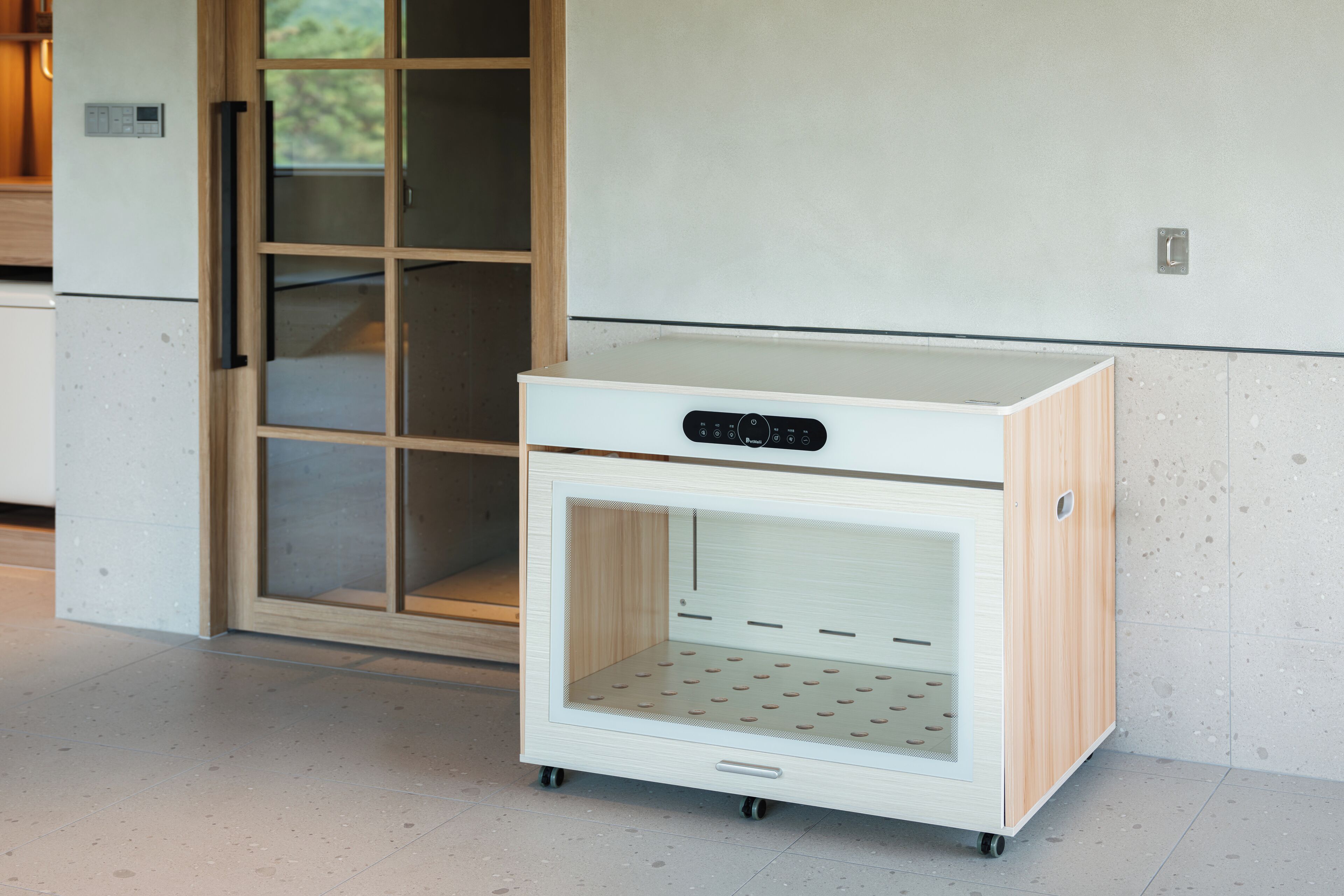 A modern, minimalist room with a built-in refrigerator, a glass-fronted cabinet, and a tiled floor.