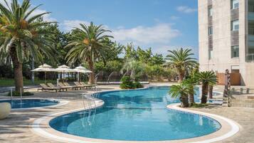 Indoor pool, outdoor pool, open 1:00 PM to 9:00 PM, cabanas (surcharge)