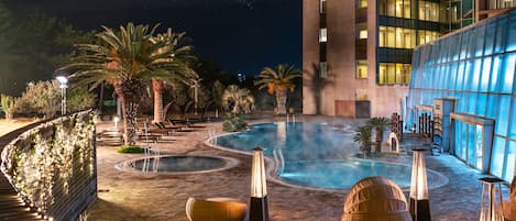 Indoor pool, outdoor pool, open 1:00 PM to 9:00 PM, cabanas (surcharge)