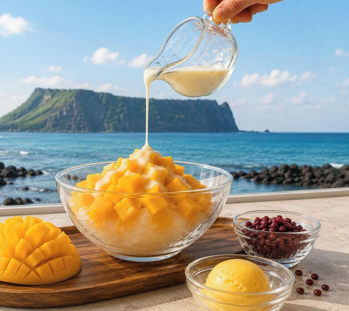 A bowl of mango chunks with a creamy topping, a whole mango, and a bowl of red beans, set against a coastal backdrop.