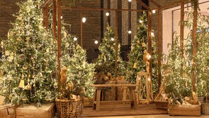A rustic wooden gazebo with Christmas trees and decorations. - Phoenix Island (Seogwipo)