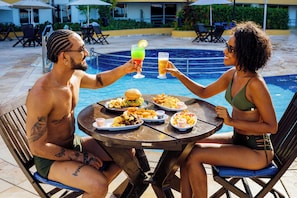 Outdoor pool, pool umbrellas, pool loungers