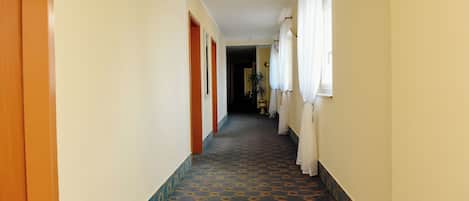A hotel hallway with patterned carpet, wooden doors, and a light fixture.